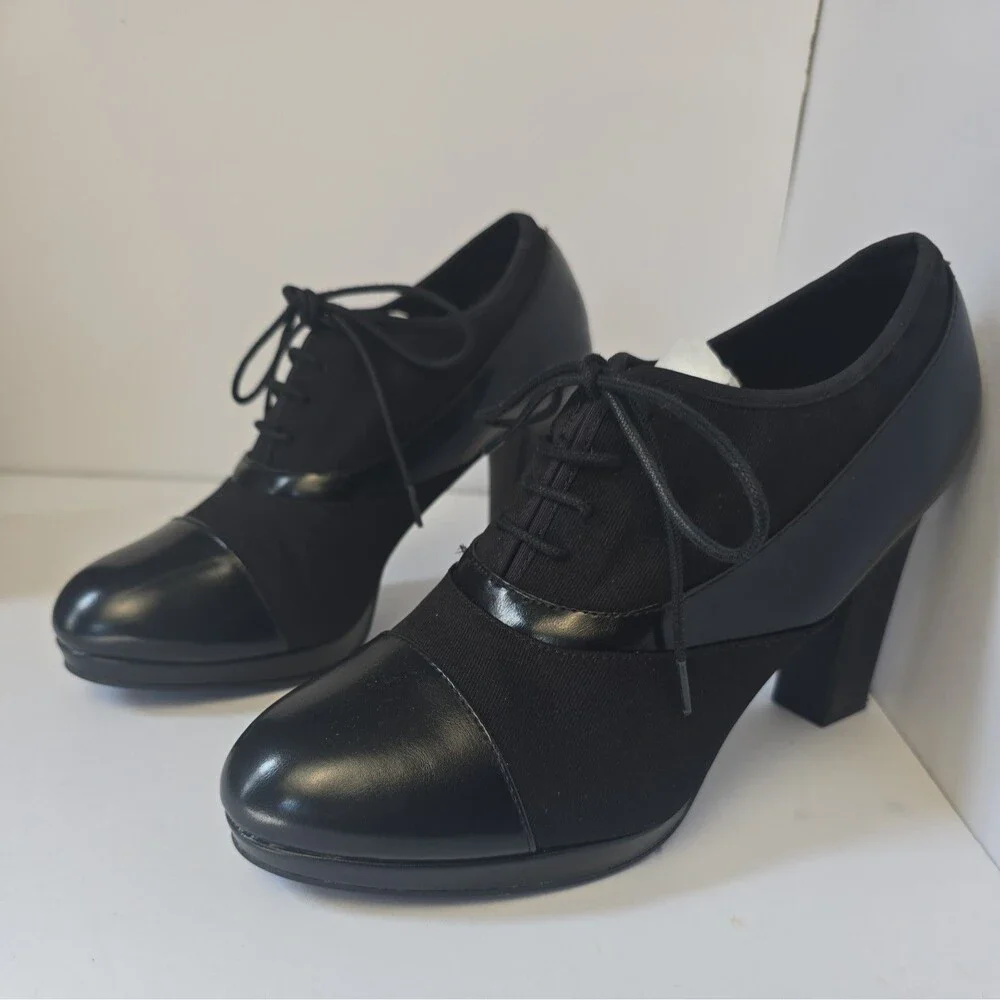 Impo Memory Foam Black Lace Up Side Zip Block Heel Oxford Shoe Size 10 M.